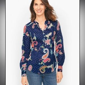 Talbots Twinkle Paisley Band Collar Popover